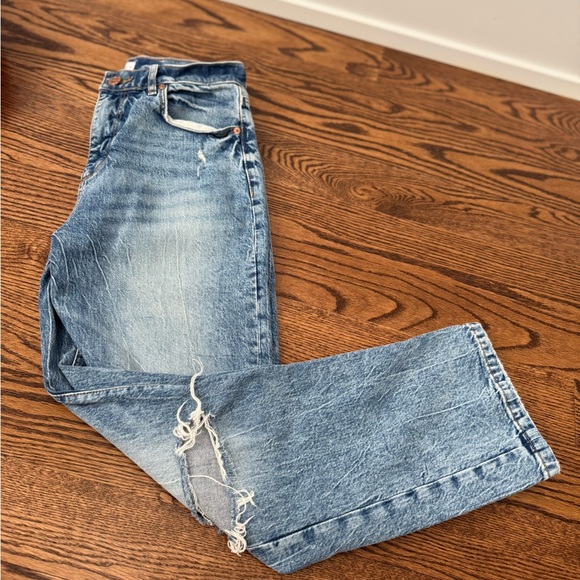 Ann Taylor LOFT High Waist Straight Crop Denim Jeans size 27 4 Distressed Light - Picture 3 of 6